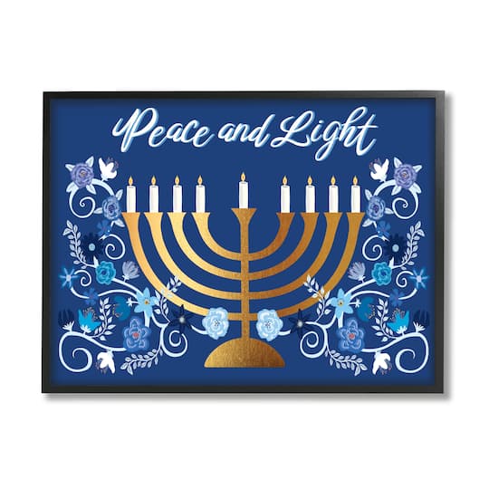 Stupell Industries Peace & Light Floral Hanukkah Menorah Framed Giclee Art